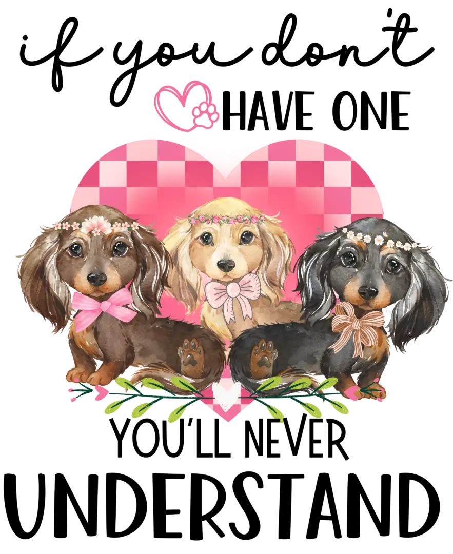Three adorable dogs with a pink heart background and loving message.